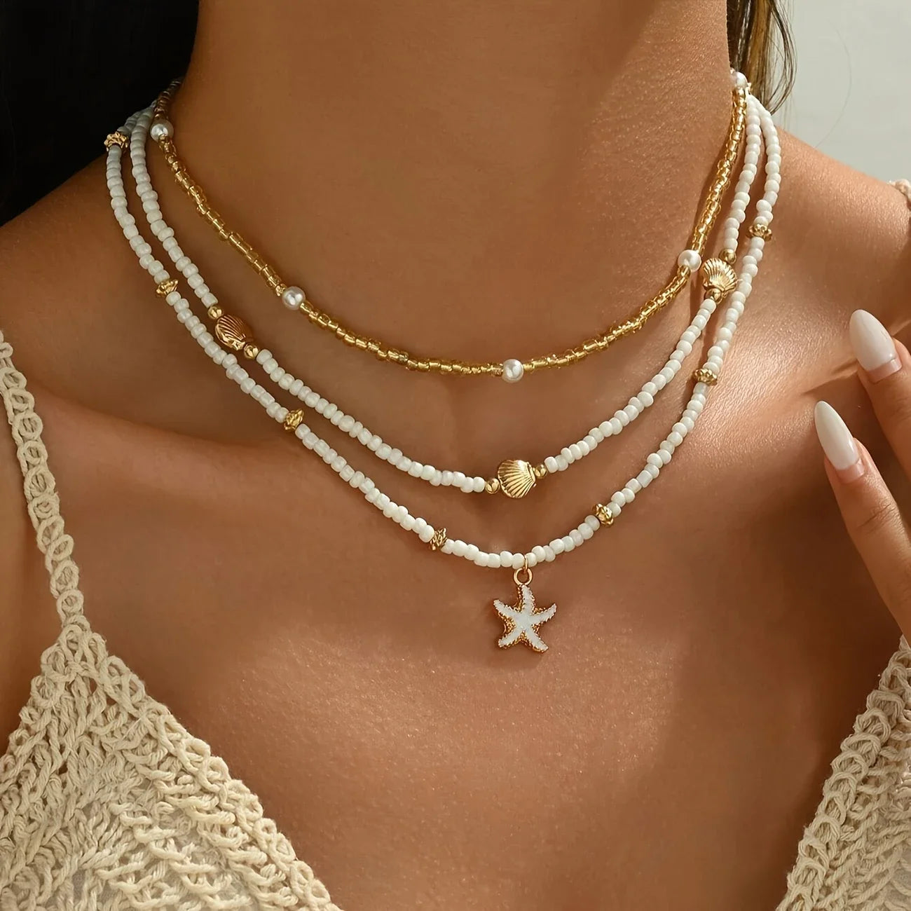 Bohemian Handmade Bead Stacked Choker Delicate Starfish Shell Pendant Necklace Women's Summer Beach Party Vacation Jewelry