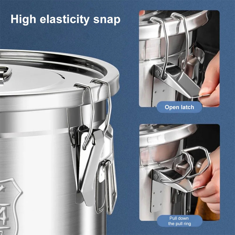 6/12/21/33L 304 Stainless Steel Airtight Canister with Locking Clamp for Rice Grain Oil Sugar Storage Bucket Kitchen Container