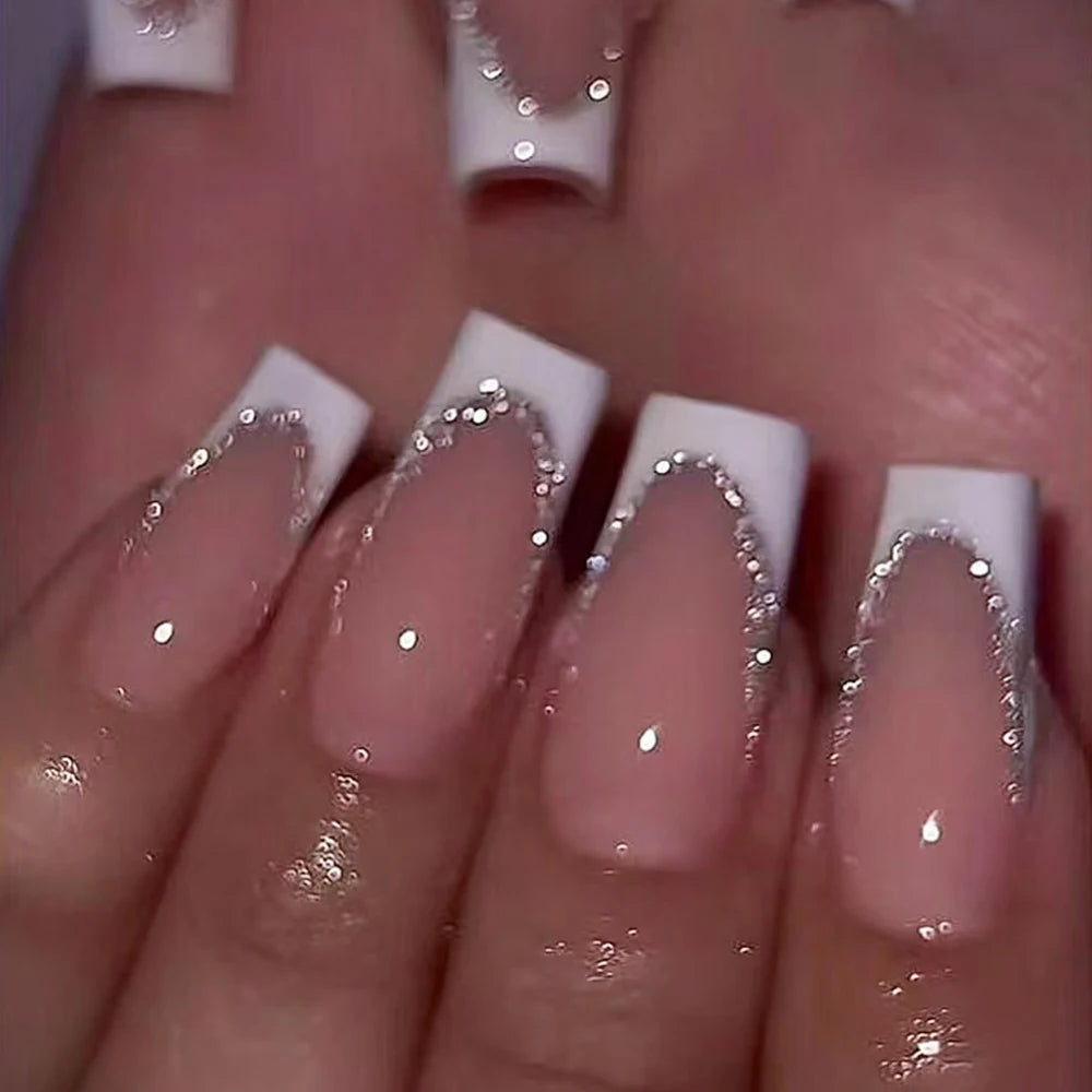 24Pcs Retro Flower Long Coffin French Fake Nails Caviar Bead Floral Gold Hollow Design Press On Nail Tips Y2k Acrylic 2030