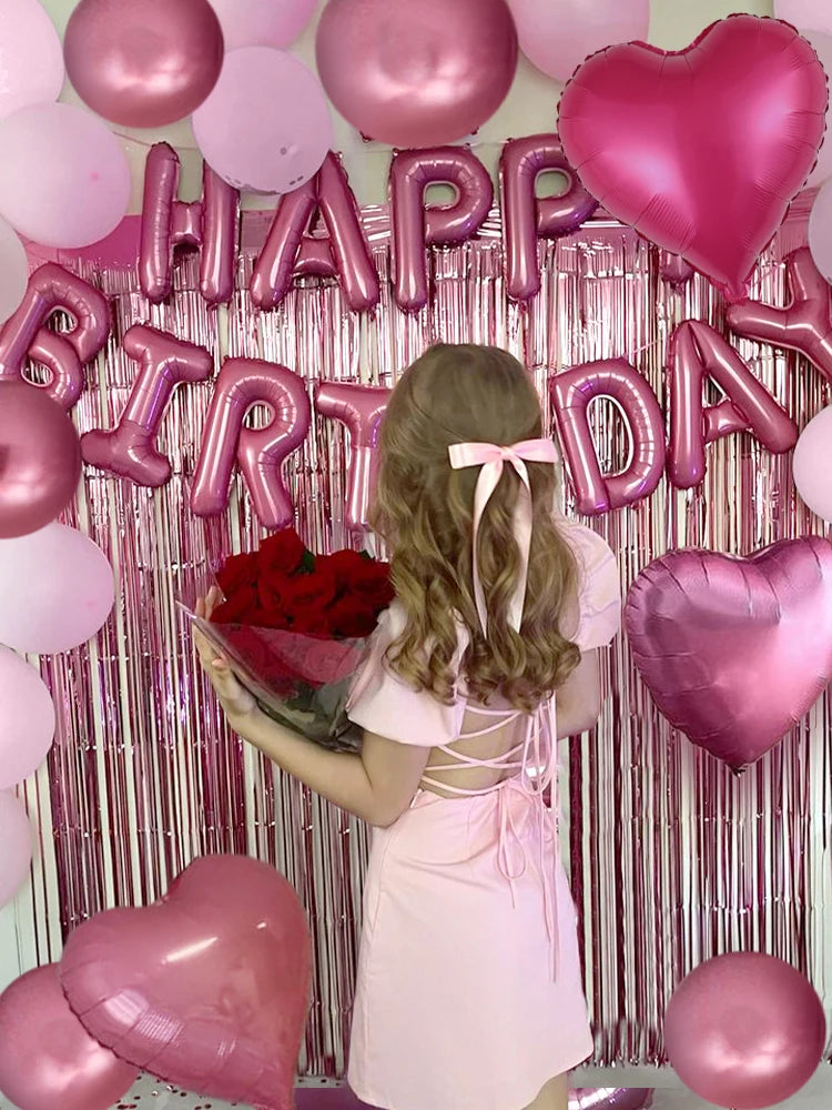49pcs 16 inch pink happy birthday letter love aluminum film balloon set suitable for birthday party baby shower decoration