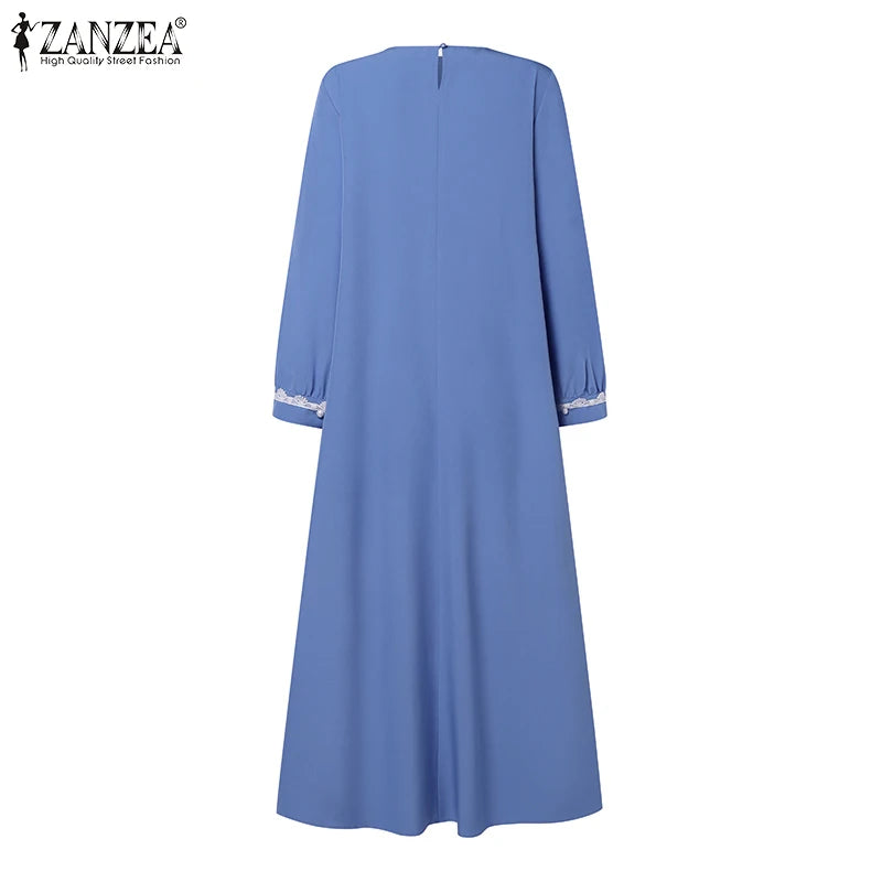 ZANZEA Autumn Women Long Sleeve O Neck Muslim Maxi Dress Kaftan Elegant Lace Crochet Loose Turkey Abaya Vestidos Islamic Dresses