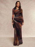 Womens Brown Tie-Dye Mesh Long Sleeve Ruched Waist Dress