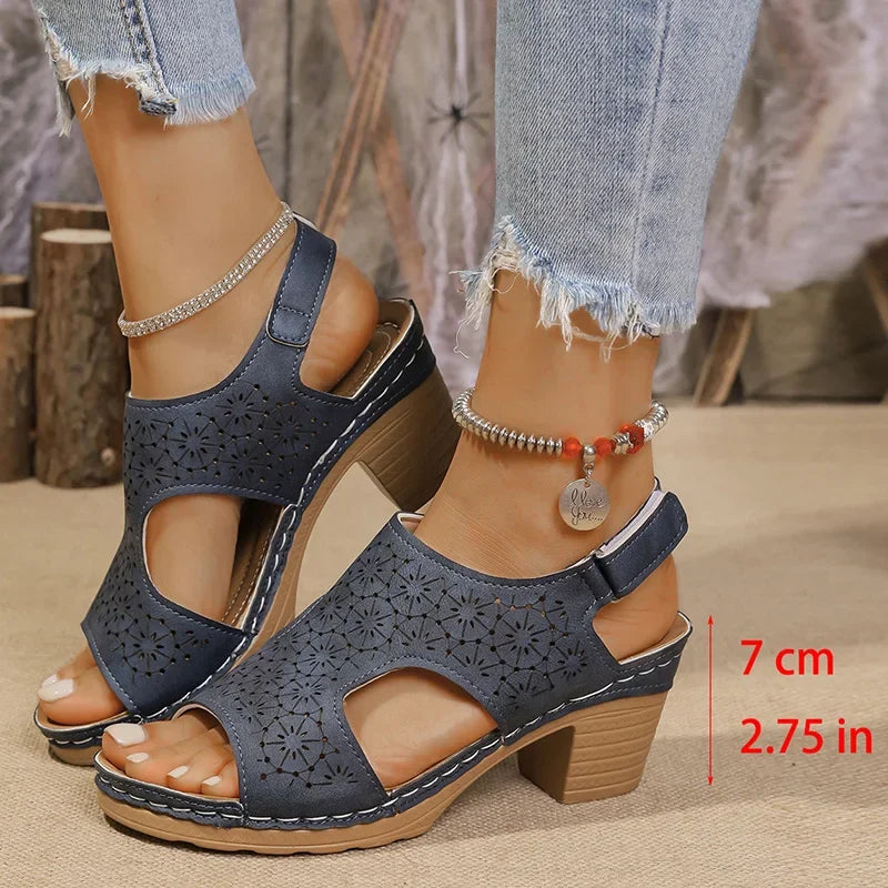 Hollow Out Women's High Heels Sandals Summer Hook Loop Thick Heeled Platform Sandles Casual Anti-Slip Beach Sandals Plus Size