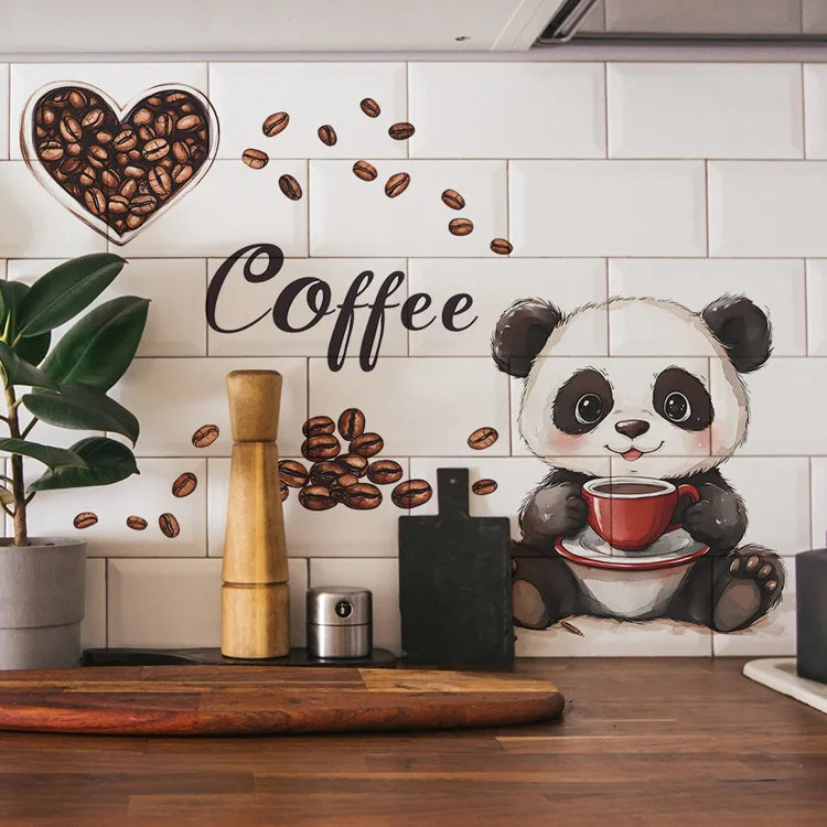 Cartoon Panda Drinking Coffee Wall Sticker Living Room Kitchen Background Decoration Mural Cafe Home Decor Self-adhesive Decals