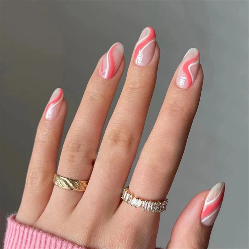 24Pcs Manicure Wearable Fake Nails Ballerina Removable Coffin Fake Nails Finished Women Girls Almond False Nails Art Decoration