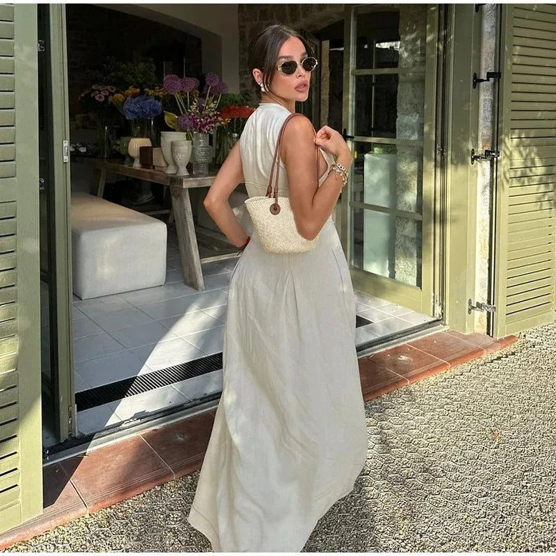 Fashion Sleeveless Spliced Zipper Long Dress Elegant V-neck High Waist Slim Pleated Maxi Dresses Summer Office Lady Street Robes