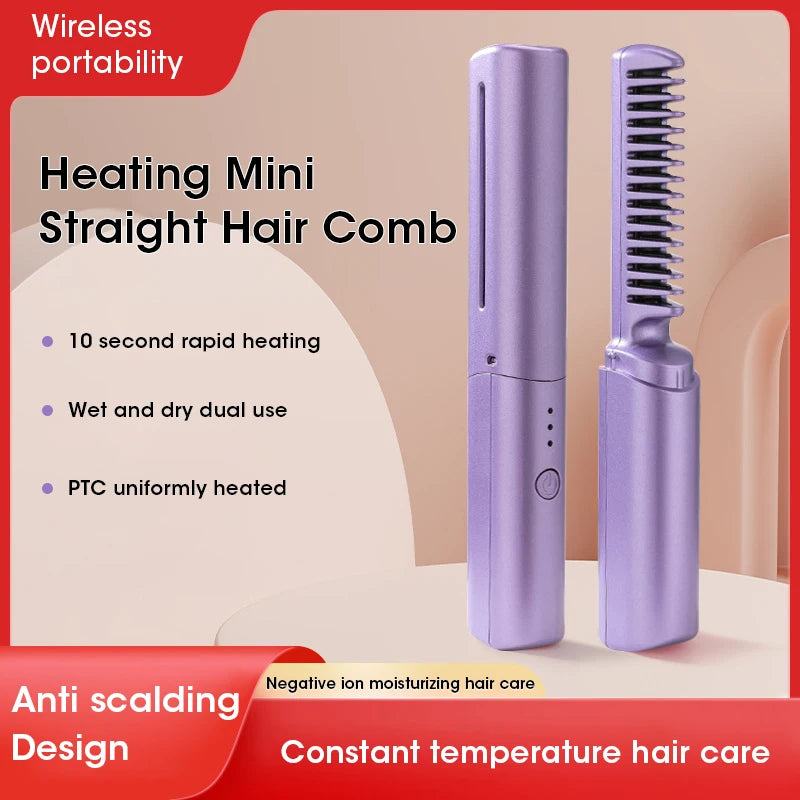 Wireless Hair Straightener and Curler Comb for Women USB Rechargeable Anti-Scald Portable Hair Brush for Home and Travel