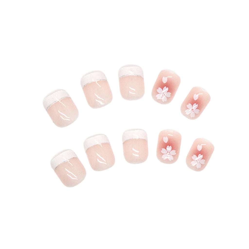 24pcs Blush Pink Press On Nails White French Style Short Square False Nail Tips Camellia Flower Design Sweet Cool Fake Nail Tips