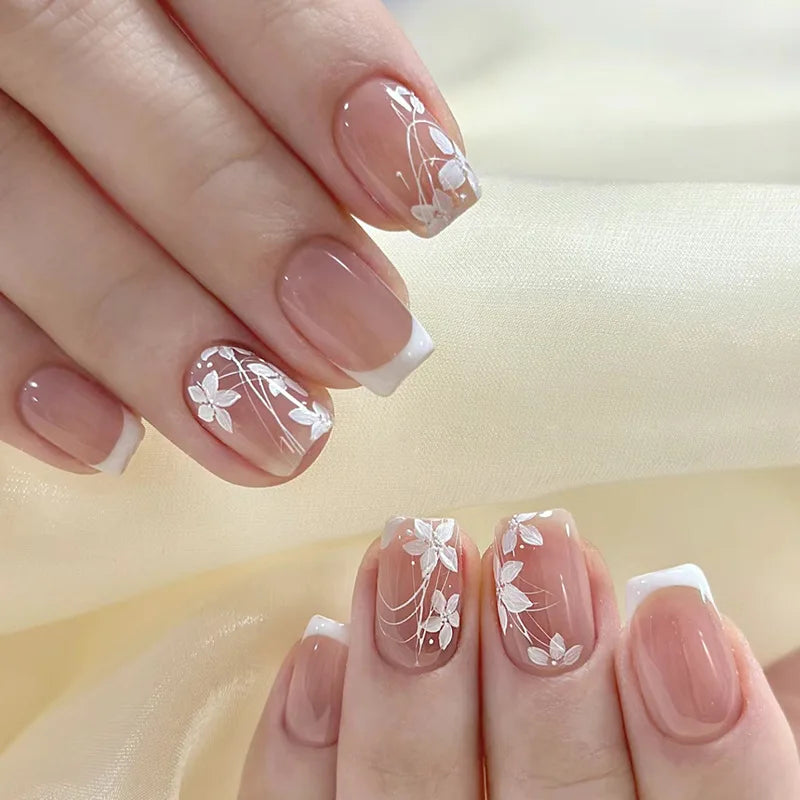 24pcs Blush Pink Press On Nails White French Style Short Square False Nail Tips Camellia Flower Design Sweet Cool Fake Nail Tips