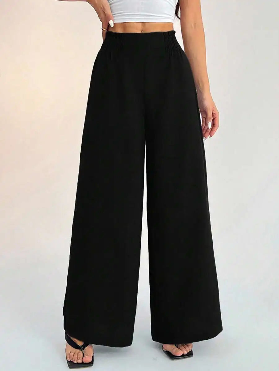 Cross-Border Women's Wide Leg Pants Elastic Pure Color Loose Fit Trousers Fresh Sweet Style Polyester Fabric Casual Pants