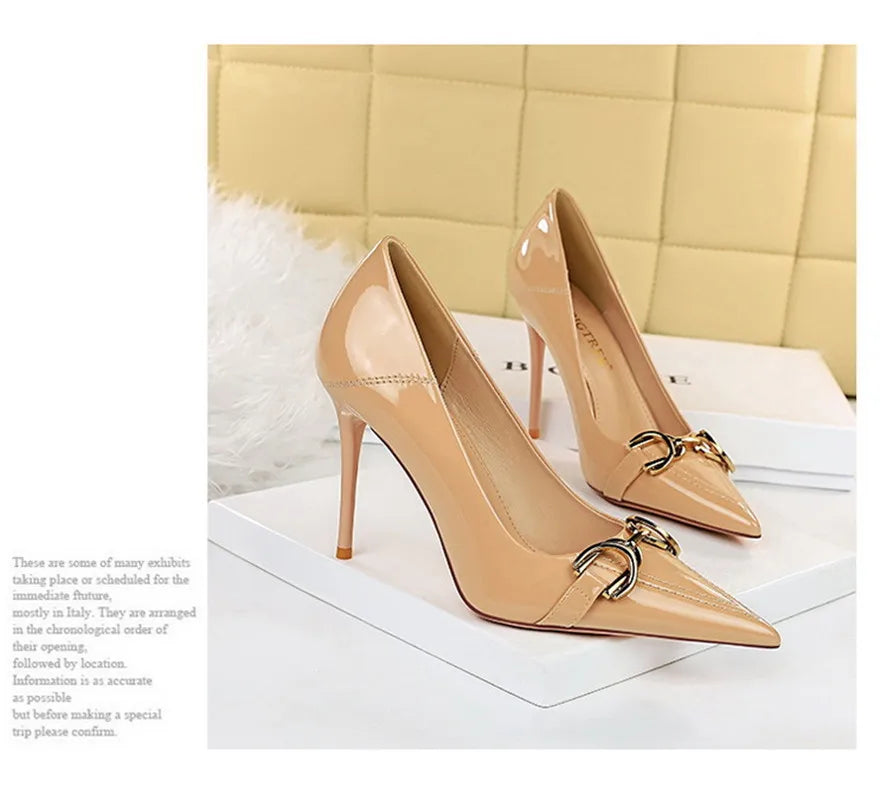 Red White Metal Buckle Wedding Shoes Women 2026 New Patent Leather Shallow High Heels Pumps Fashion Pointy Toe Party Shoes Woman