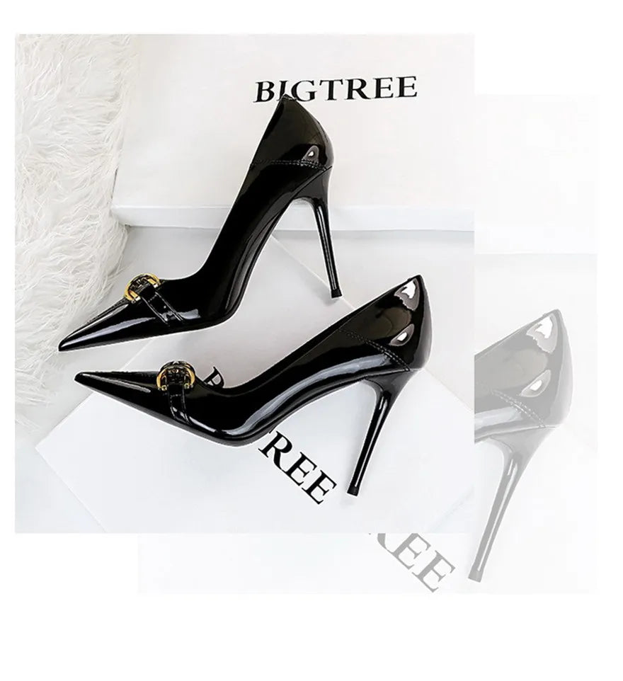 Red White Metal Buckle Wedding Shoes Women 2026 New Patent Leather Shallow High Heels Pumps Fashion Pointy Toe Party Shoes Woman