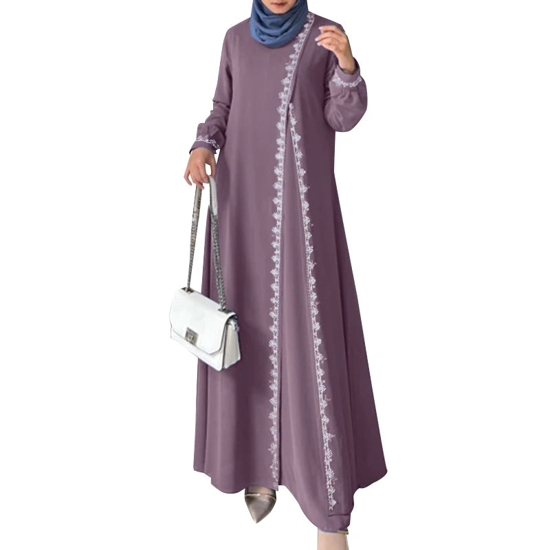 ZANZEA Autumn Women Long Sleeve O Neck Muslim Maxi Dress Kaftan Elegant Lace Crochet Loose Turkey Abaya Vestidos Islamic Dresses