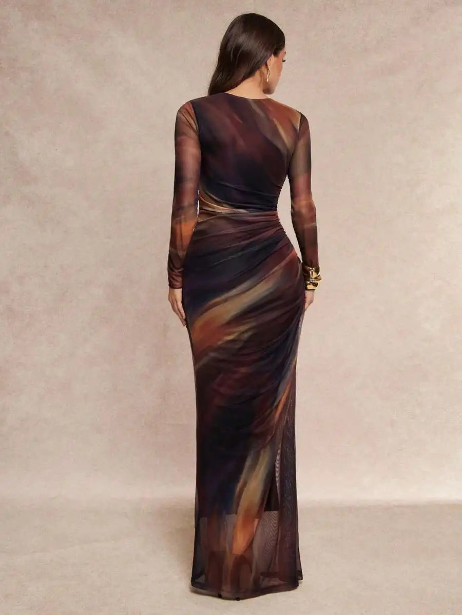 Womens Brown Tie-Dye Mesh Long Sleeve Ruched Waist Dress