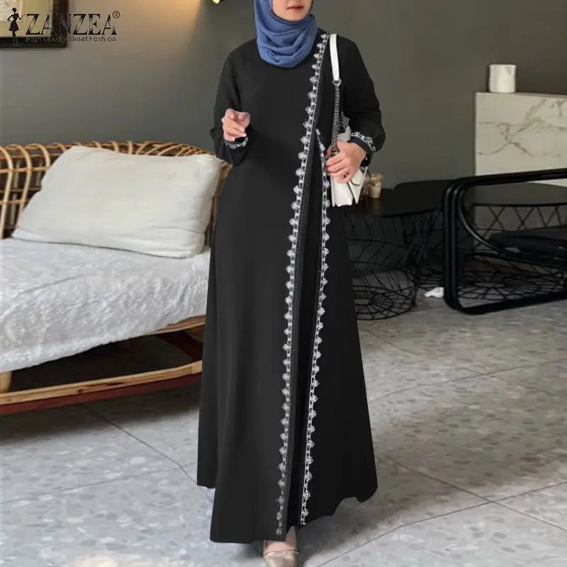 ZANZEA Autumn Women Long Sleeve O Neck Muslim Maxi Dress Kaftan Elegant Lace Crochet Loose Turkey Abaya Vestidos Islamic Dresses