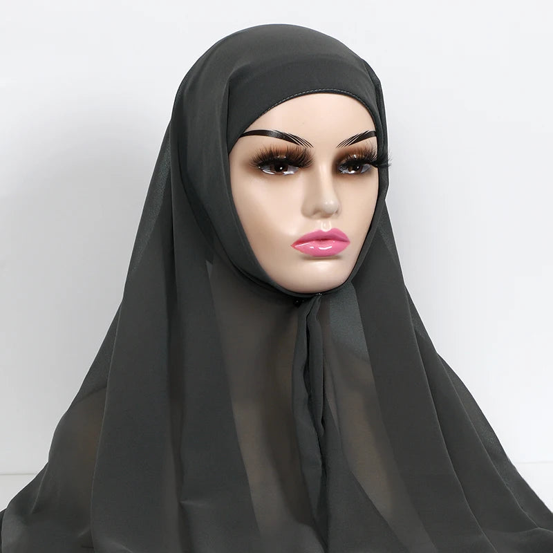 Muslim Women Chiffon Hijab With Cap Bonnet Instant Chiffon Hijab Pinles Shawl Head Scarf Under scarf Caps Cover Headwrap