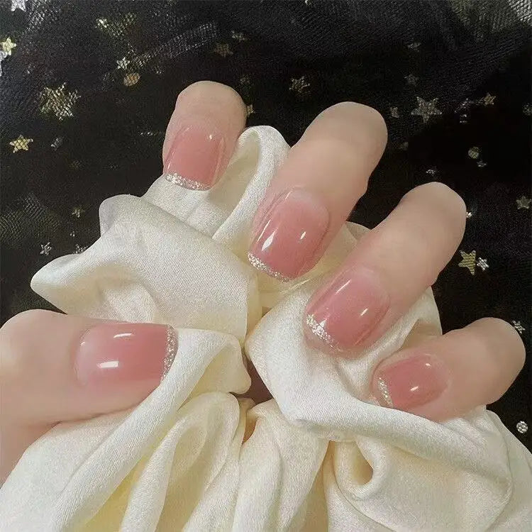 24Pcs Naked Pink French White Side False Nails Short Simple Nail Beauty Press on Fake Nails Full Cover Artificial Nails Tips