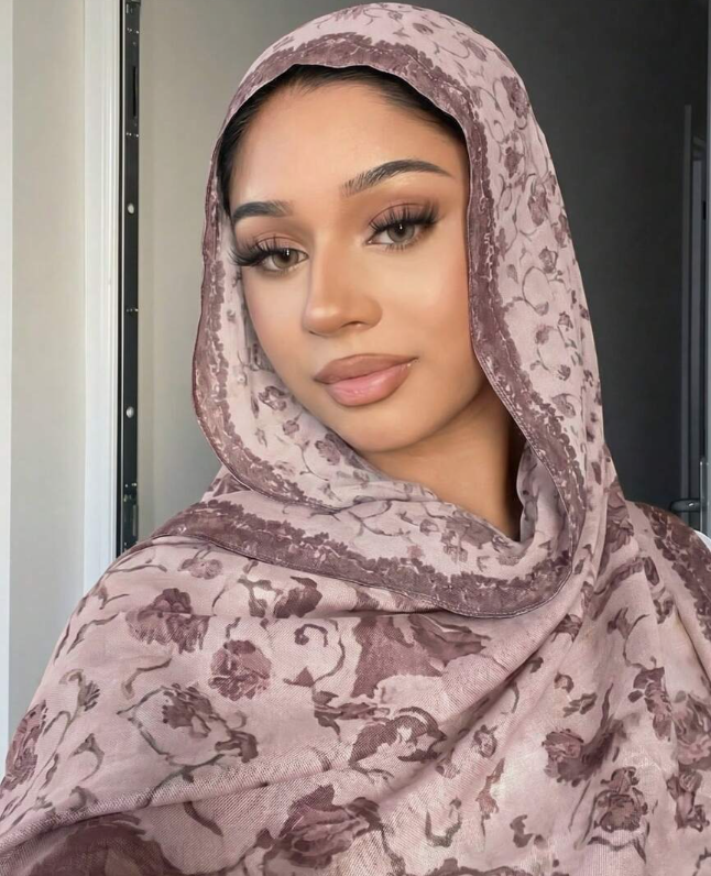 Elegant Floral Chiffon Hijab – Dusty Mauve Rose Print