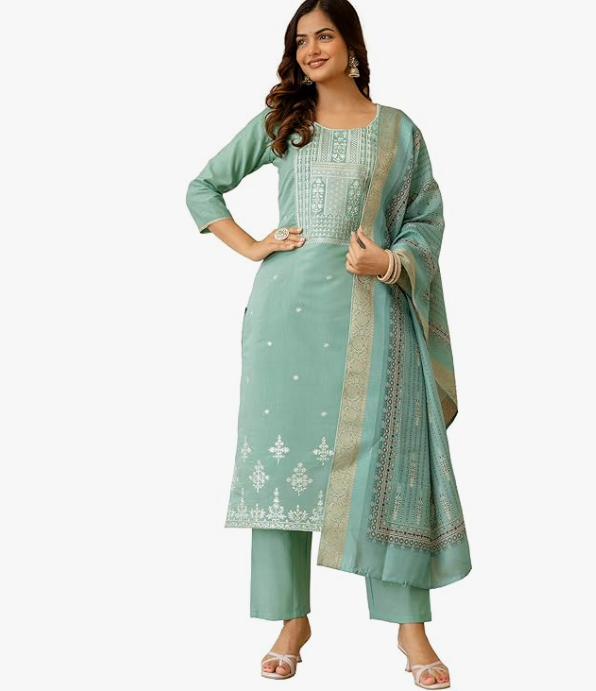 TRENDMALLS Women's Cotton Silk Embroidery Work Kurta Pant Set with Dupatta Salwar Suit Set For Women