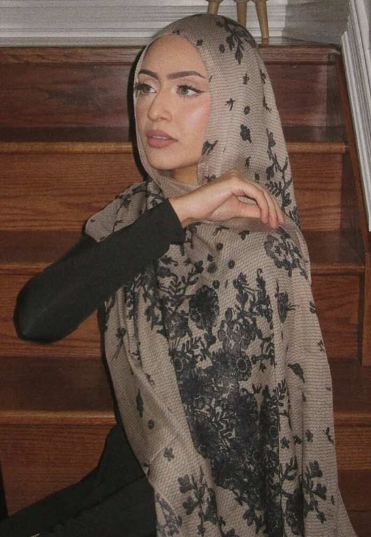 Luxury Floral Lace Hijab – Beige & Black Elegance