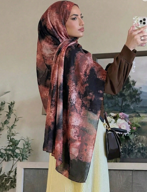 Abstract Marble Print Chiffon Hijab – Rose Gold & Black