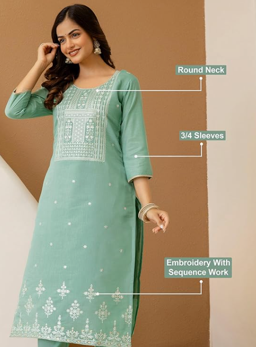 TRENDMALLS Women's Cotton Silk Embroidery Work Kurta Pant Set with Dupatta Salwar Suit Set For Women
