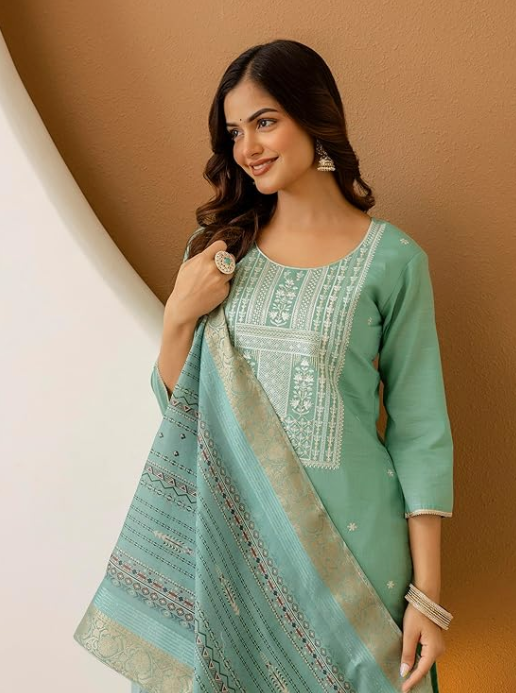 TRENDMALLS Women's Cotton Silk Embroidery Work Kurta Pant Set with Dupatta Salwar Suit Set For Women