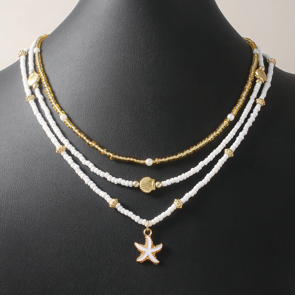 Bohemian Handmade Bead Stacked Choker Delicate Starfish Shell Pendant Necklace Women's Summer Beach Party Vacation Jewelry