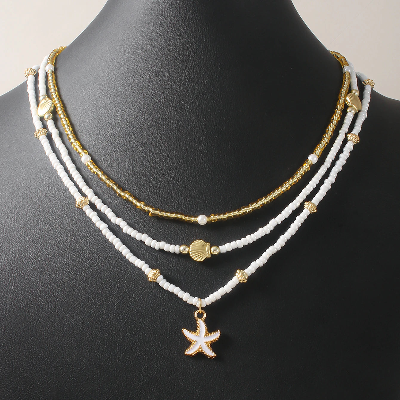 Bohemian Handmade Bead Stacked Choker Delicate Starfish Shell Pendant Necklace Women's Summer Beach Party Vacation Jewelry