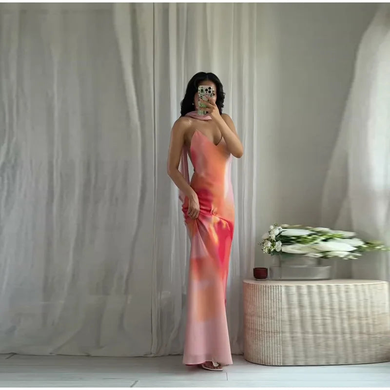 Elegant Tie Dye Printed Long Dress Women Ribbon V-neck Sleeveless Slim Sling Dresses 2025 Summer Lady Chic Beach Vacation Robes
