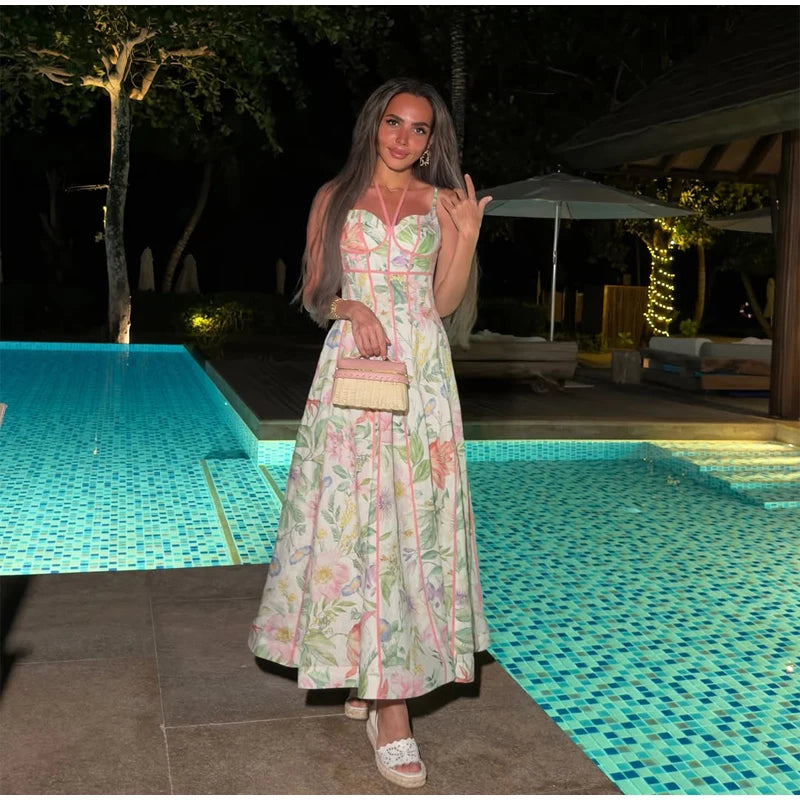 Printed Sleeveless Halter Long Dress Women Chic Waist Cinching A-line Sling Slim Fit Dresses Lady Spring Summer Vacation Gown