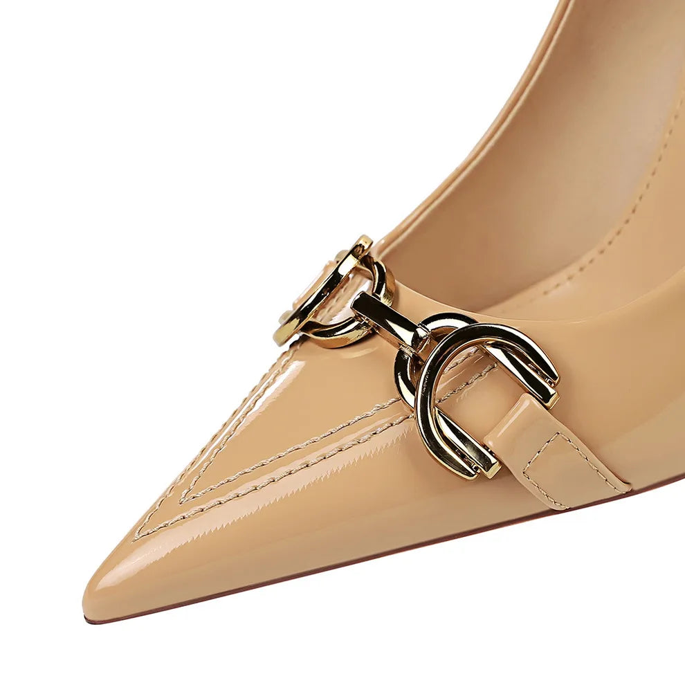 Red White Metal Buckle Wedding Shoes Women 2026 New Patent Leather Shallow High Heels Pumps Fashion Pointy Toe Party Shoes Woman