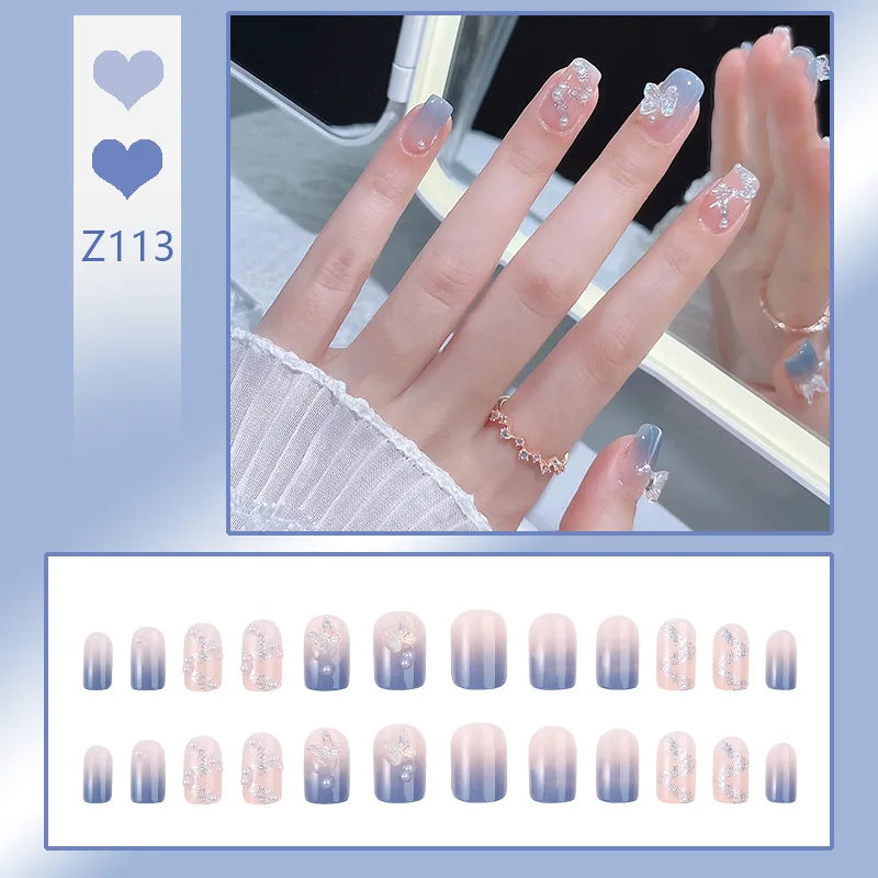 24PCS- Fake Nails Short Detachable Finished Fingernails Sparkling Butterflies Wearable False Nails press on Square Head Full Cov