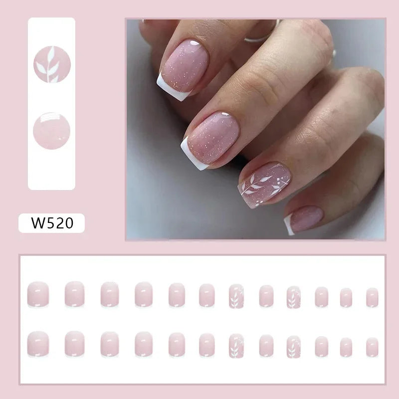 New Short Ballet 24 Pcs Fake Nail with Jelly sticker Press on False Nails Wearable Round Head Oval Full Cover Nail Tips