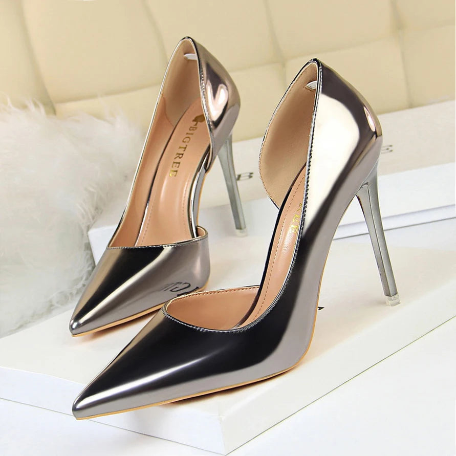 Women 10.5cm High Heels Pumps Lady Stripper Stiletto Metallic Leather Scarpins Wedding Heels Catwalk Party Silver Gold Shoes