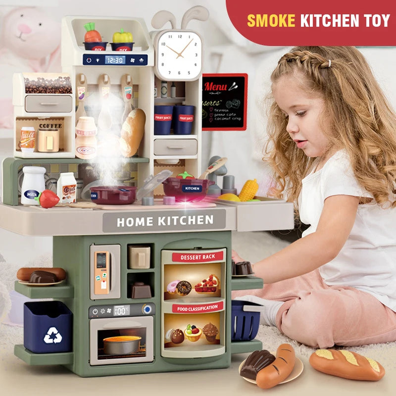 Children Kitchen Toys Set Simulated Tableware Kitchen Counter Play Set with Lights Spray DIY Toy for Girls Kids Birthday Gifts