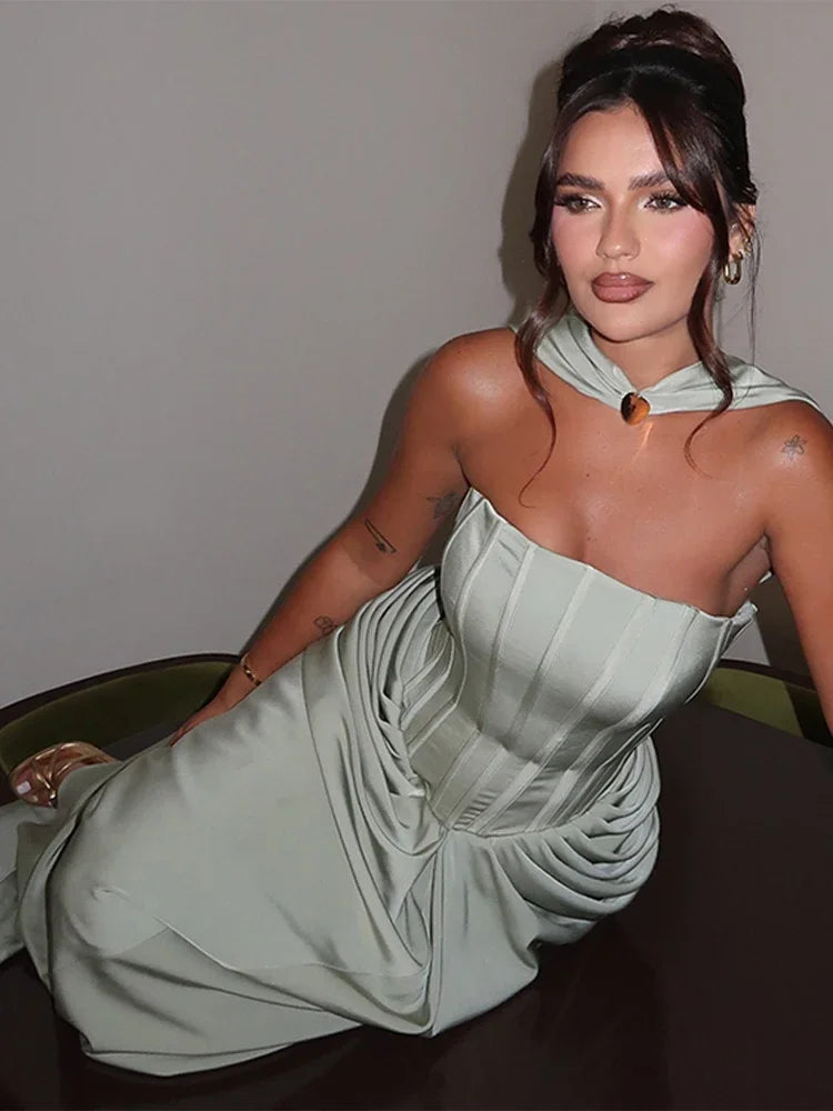 Elegant Long Dress Women Strapless Sleeveless Scarf High Waist Vestidos Female 2025 Spring Summer New Chic Lady Evening Dresses