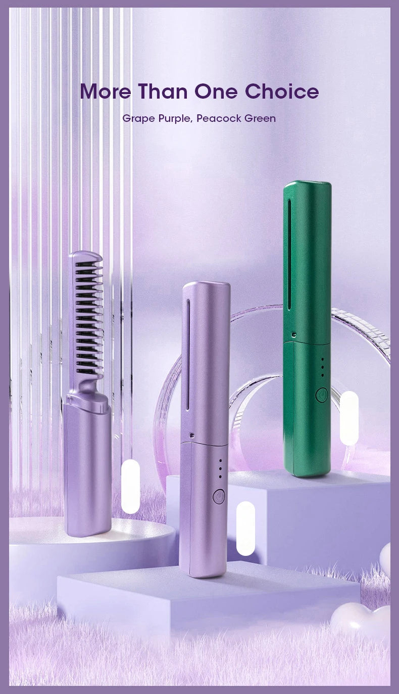 Wireless Hair Straightener and Curler Comb for Women USB Rechargeable Anti-Scald Portable Hair Brush for Home and Travel