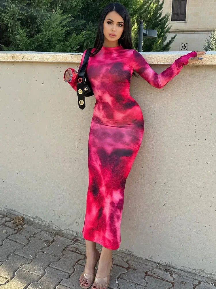 Women's Summer Long Dress Elegant O Neck Long Sleeve Evening Dress Women Fashion Tie-dye Street Vacation Party Club Long Dresses