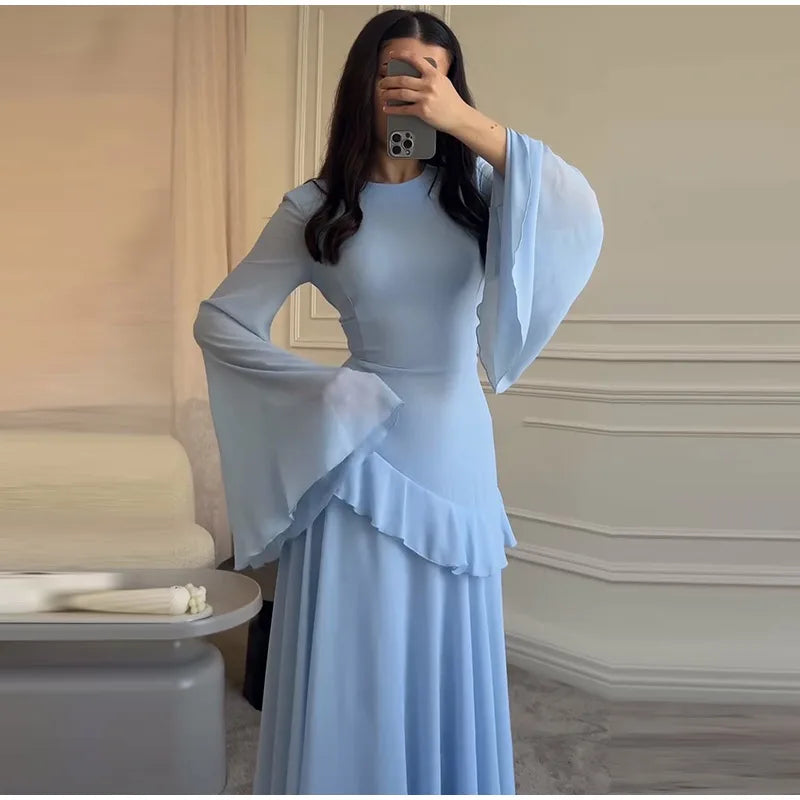 Fashion Flare Sleeve Ruff Long Dress Women Solid O-neck High Waist Slim Pleated Maxi Dresses 2025 Lady Summer Chic Party Robes
