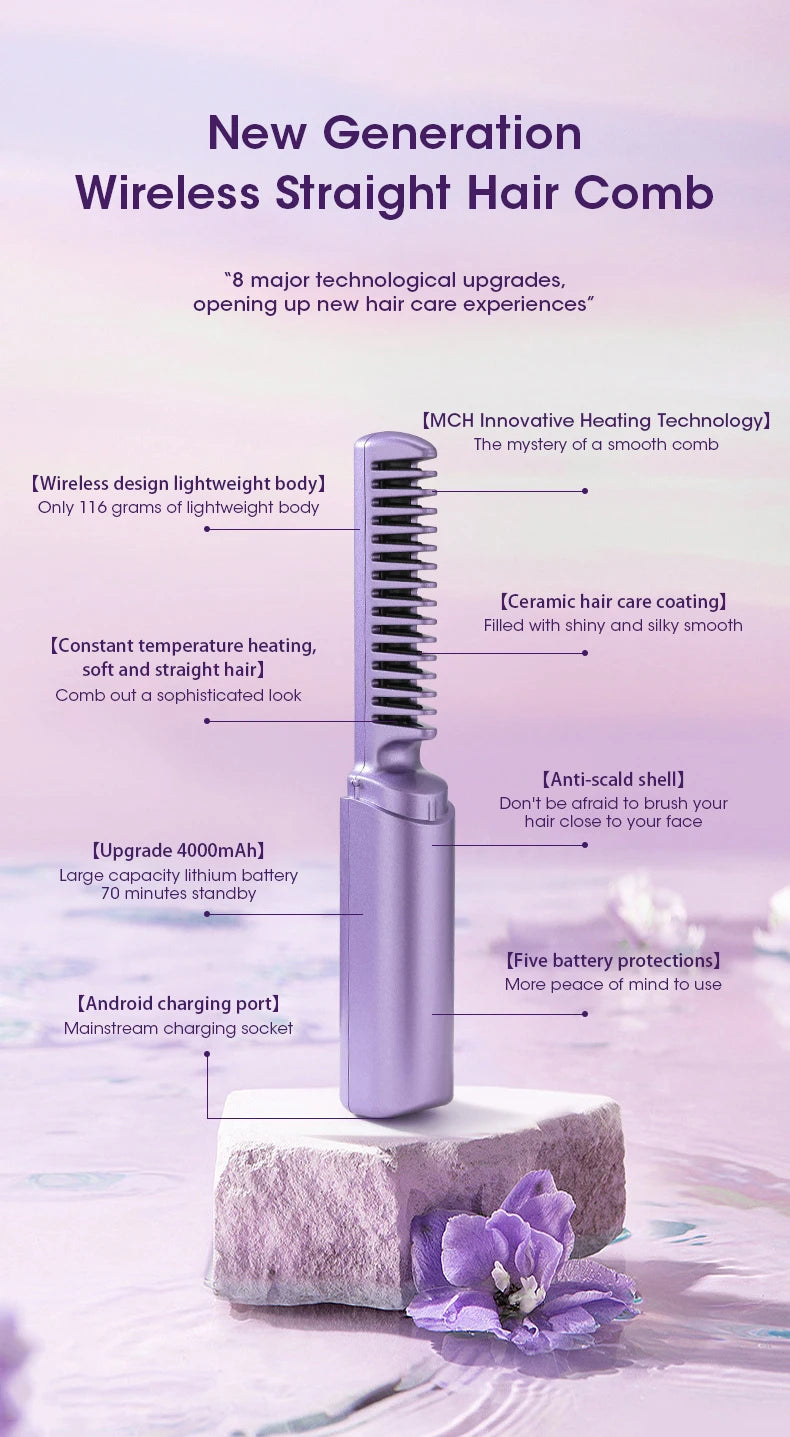 Wireless Hair Straightener and Curler Comb for Women USB Rechargeable Anti-Scald Portable Hair Brush for Home and Travel