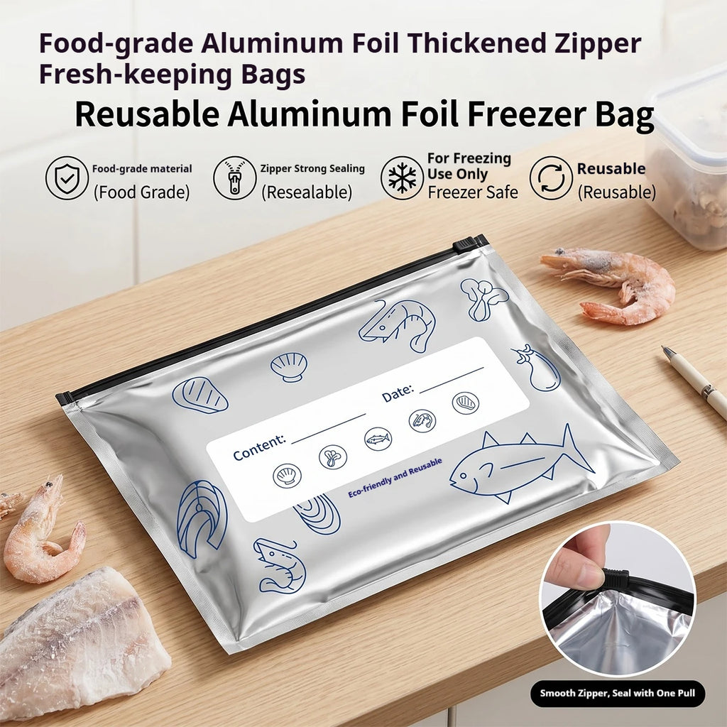 60pcs Aluminum Foil Food Sealable Storage Bags, Freezer Bags, Up Sealable Bags with Label And Zip Lock, Zip Seal Food Bags