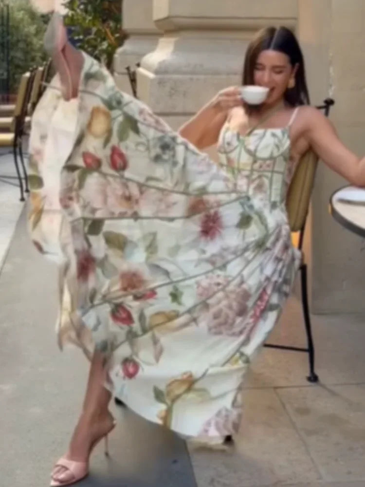 Printed Sleeveless Halter Long Dress Women Chic Waist Cinching A-line Sling Slim Fit Dresses Lady Spring Summer Vacation Gown