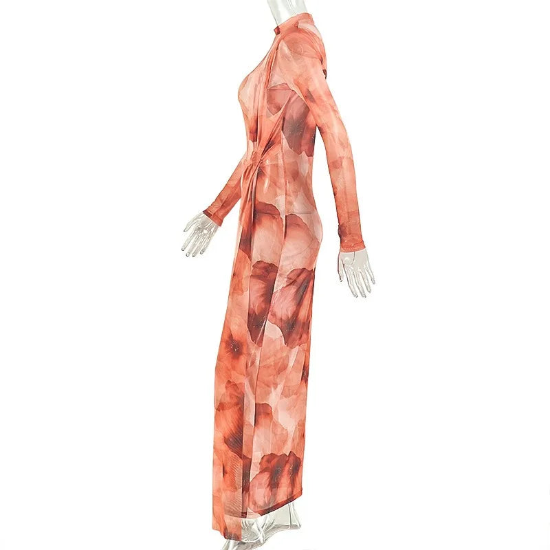 Women's Retro Print O-Neck Long Sleeve Pleated Hips Wrapped Long Dress