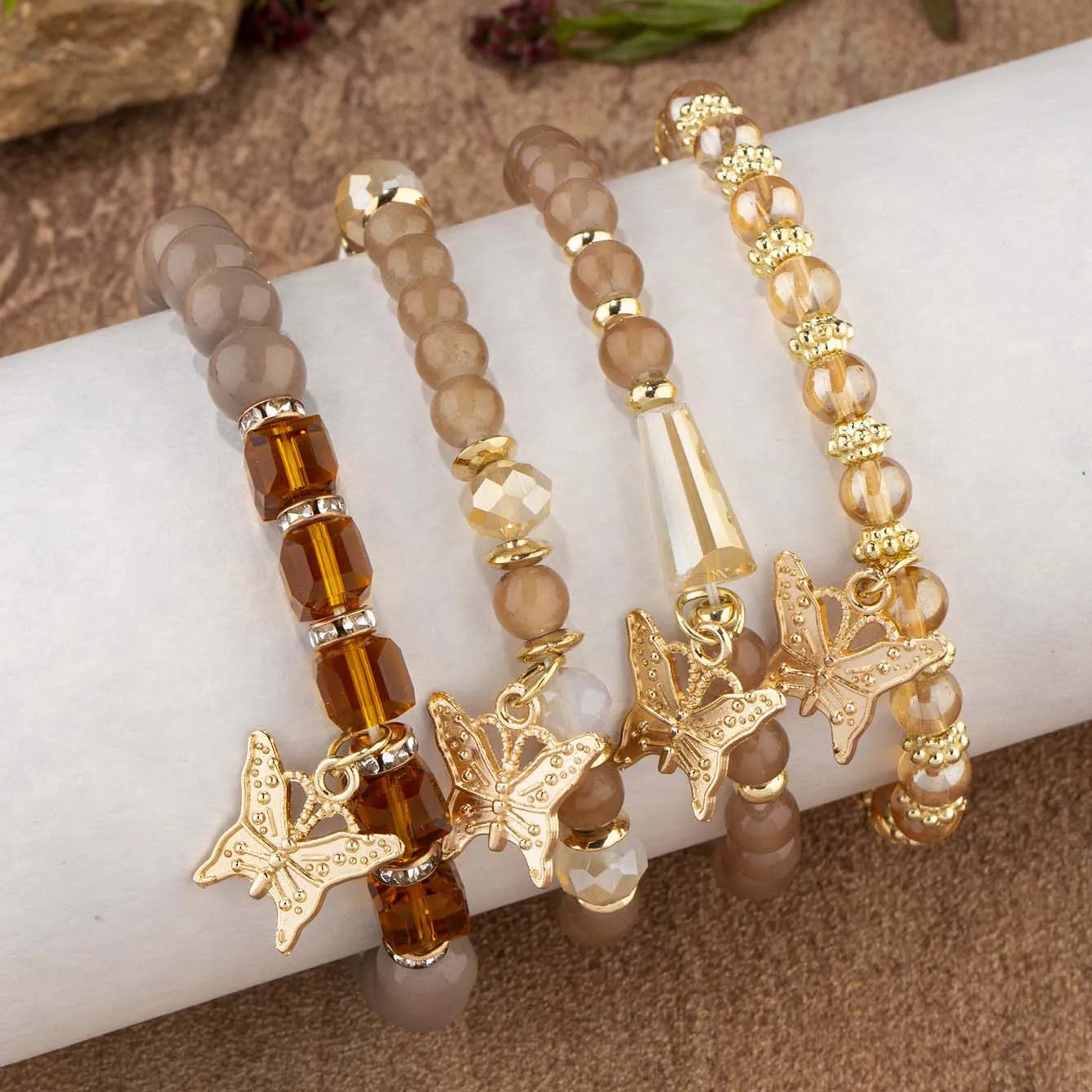 4Pcs Bohemian Butterfly Charm Bracelet Set For Women Crystal Beads Chain Bangle Female Fashion Party Jewelry Gift