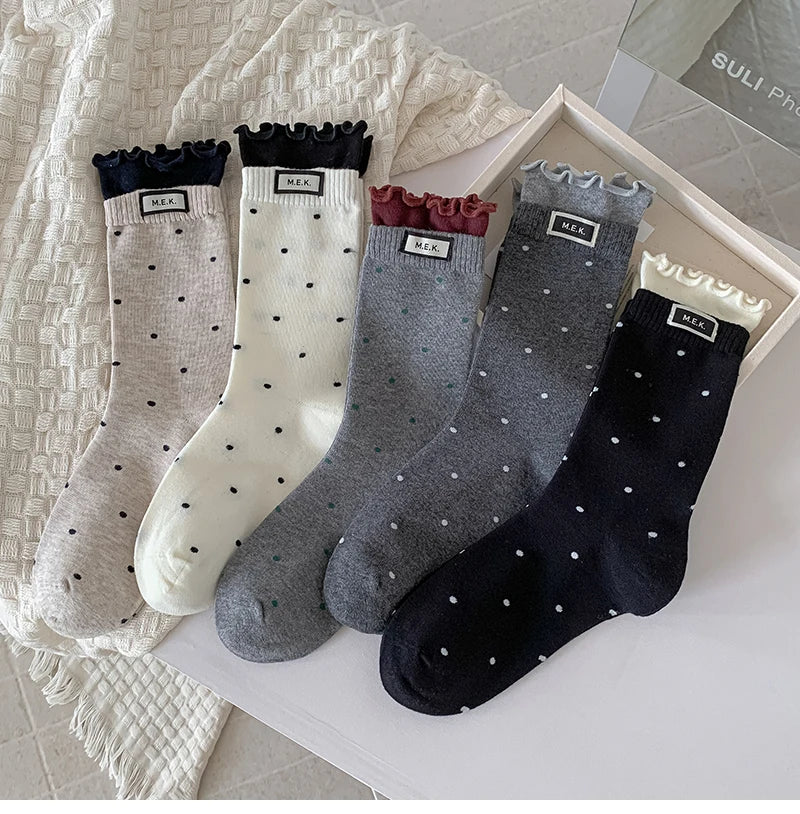 Socks For Women New Dots Cute Frilly Casual Fashion Long Socks Breathable Preppy Style Ladies Novelties Socks Cotton Soft Comfy