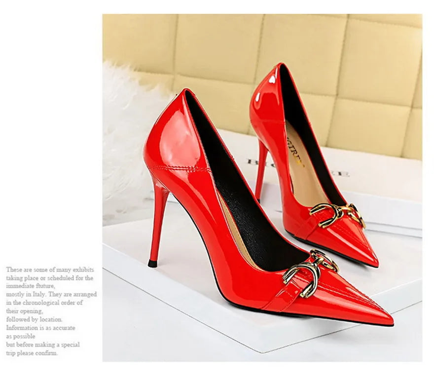 Red White Metal Buckle Wedding Shoes Women 2026 New Patent Leather Shallow High Heels Pumps Fashion Pointy Toe Party Shoes Woman