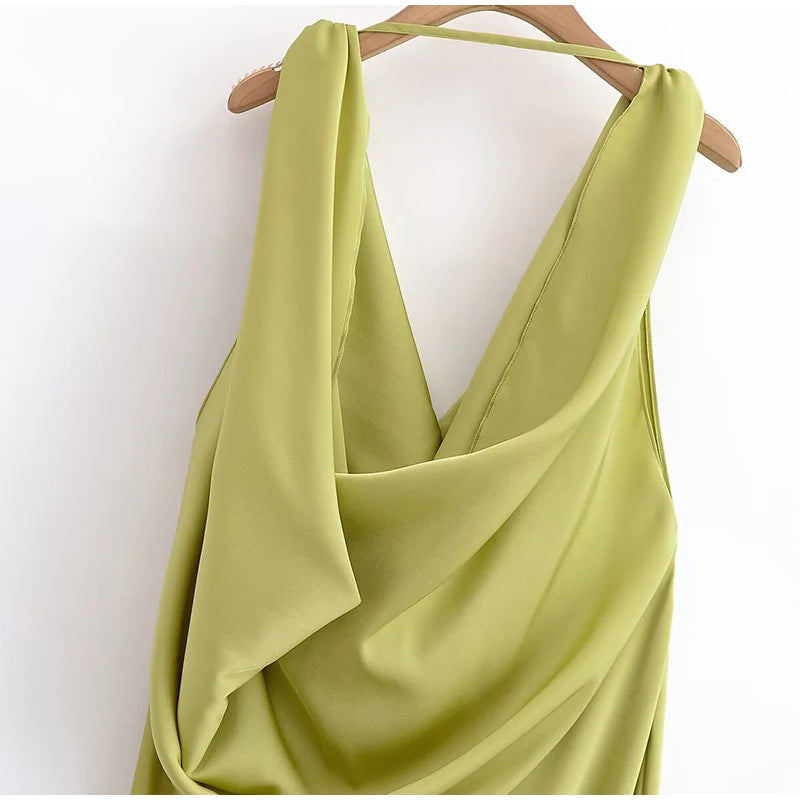Elegant Pleated Backless Split Long Dress Women Sleeveless High Waist Green 2025 Summer New Holiday Party Dresses Street Robe