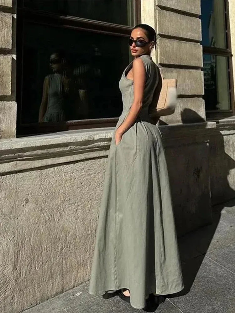 Fashion Sleeveless Spliced Zipper Long Dress Elegant V-neck High Waist Slim Pleated Maxi Dresses Summer Office Lady Street Robes
