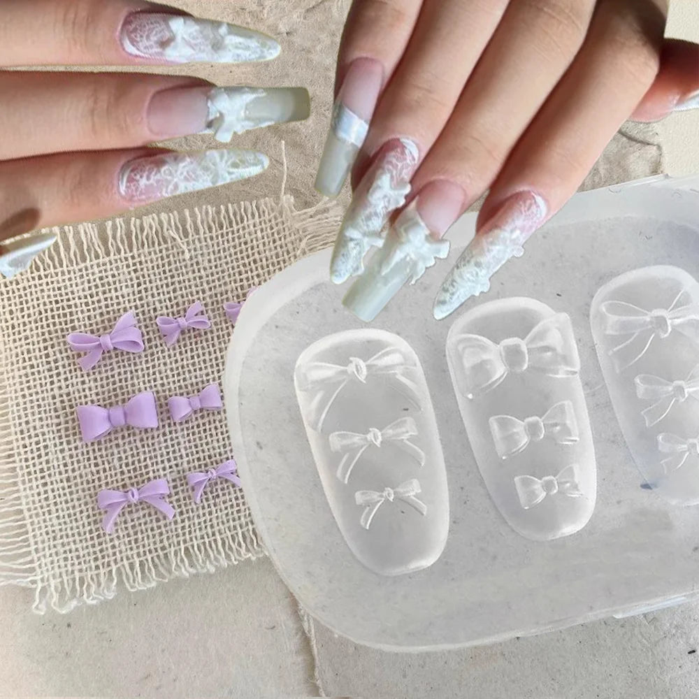 1Pcs 3D Bowknot Silicone Nail Mold Ballet Ribbon Tie Nail Charms Transparent Nails Template Carving Bowtie Manicure Stencil Tool
